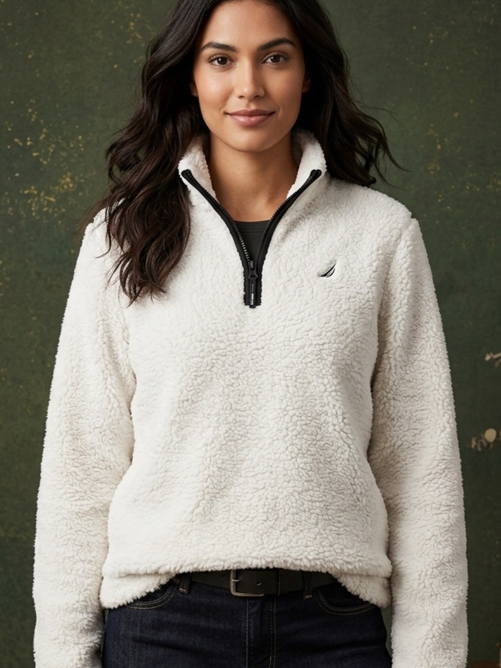 Nautica Cream Sherpa Half-Zip Turtleneck Pullover